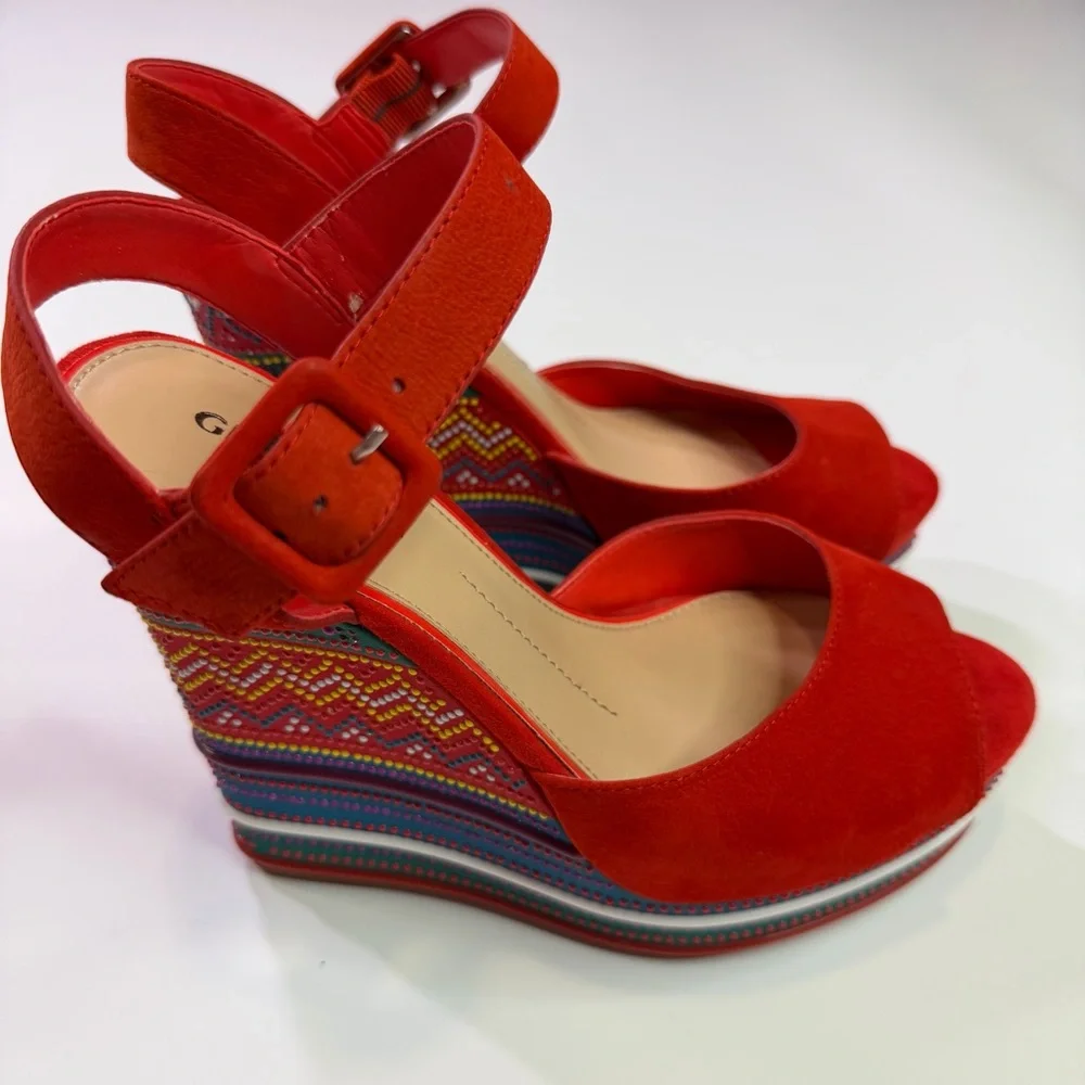 Gianni Bini Red Multicolor Embroidered Wedge Sandals